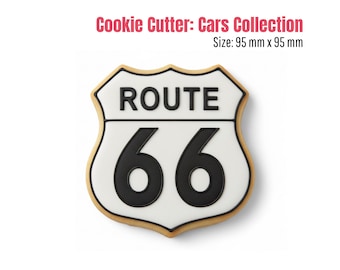 May include: A Route 66 cookie cutter from the Cars Collection. The cookie cutter is shaped like the iconic road sign, with a white background, black text and numbers, and a beige border. The size is 95 mm x 95 mm.