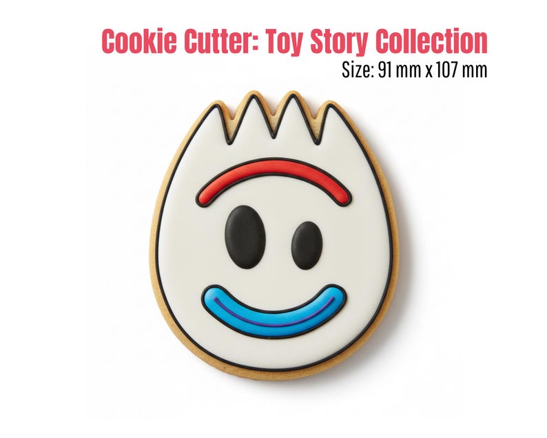 May include: A cookie cutter in the shape of the Toy Story character Forky. The cookie cutter has a white face with black oval eyes, a red curved line above the eyes, and a blue curved line for a smile. The cookie cutter is 91 mm x 107 mm.