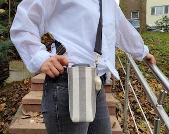 Personalized Hands-Free Water Bottle & Thermos Holder with Strap, Custom Drink Carrier, Handmade Fabric Bottle Bag, Adjustable Crossbody