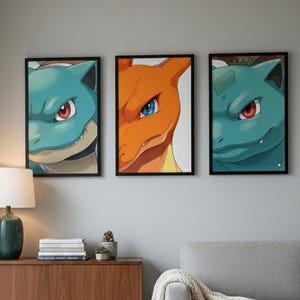 Pokémon Charizard Blastoise Venusaur utskrivbar konst | Gen 1 Kanto Starter Pokémon digital affisch | Livfull speldekor | Direkt nedladdning PDF