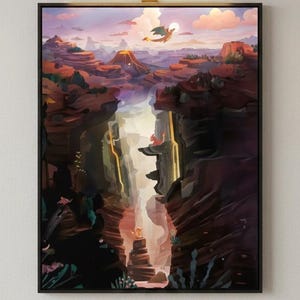 May include: A framed art print depicting a canyon landscape with a waterfall and a flying creature. The artwork features warm colors, including reds, oranges, and purples, with a black frame and a gold-toned light fixture above.