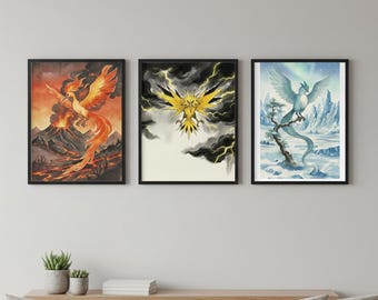 Kanto Legendaries Art Set: Moltres, Zapdos, Articuno - Watercolor Style Digital Prints (Set of 3)