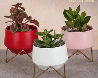 Matte Metal Planters with Gold Stand (Set of 3) | Minimalist Indoor Plant Decor | Versatile Home Accent