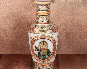 Handcrafted White Marble Vase | Gold Floral Art, 9 Inch