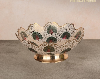 Handcrafted Brass Bowl | Peacock Enamel Decorative Centerpiece | Elegant Home Decor Gift with Velvet Box