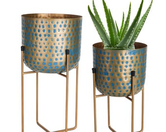 Handmade Blue Textured Metal Planter Set – With Modern Gold Stand, Indoor Plant Pots