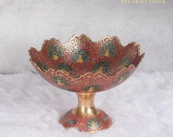 Handcrafted Brass Bowl with Peacock Enamel Design | Luxury Decorative Bowl | Elegant Table Centerpiece | Handmade Gift Decor