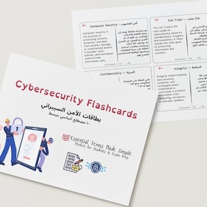 Puede incluir: Tarjetas didácticas de ciberseguridad con el título "Cybersecurity Flashcards" en rojo. Las tarjetas incluyen ilustraciones de un candado, un teléfono y una persona con casco. El texto dice "100 Essential Terms Made Simple".