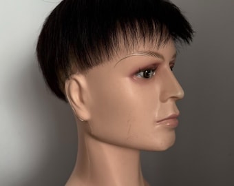 Real Human Hair Men's Wig, Short Black Hairpiece with Fringe