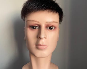Parrucca corta nera fatta a mano, aspetto naturale, sostituzione dei capelli