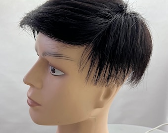 Short Black Hair Topper, Natural Hairpiece with Bangs, Handmade Toupee