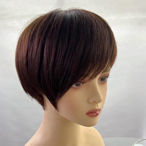 Short Brown Pixie Wig for Women, Handmade Hand-Tied Full Wig, Dark Brown Natural Looking Wig, Side Bang Short Hair Wig, Real Human Hair Wig