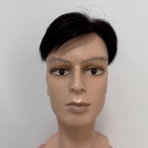 May include: A mannequin head with short, dark hair styled in a side-swept fashion. The mannequin has painted eyebrows, brown eyes, and a neutral skin tone. The background is a plain white.