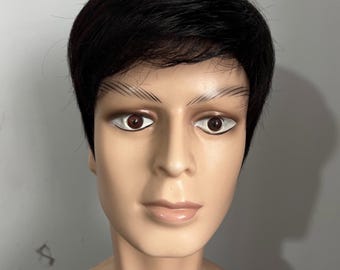 Men's Short Black Human Hair Wig, Natural Fringe
