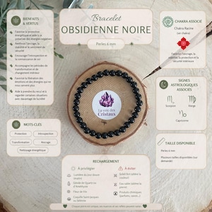 Peut inclure: Un bracelet de perles en obsidienne noire de 6 mm posé sur une tranche de bois. L'image contient du texte détaillant les vertus, les chakras associés, les signes astrologiques et les conseils d'entretien, avec un logo central La voie des Cristaux.