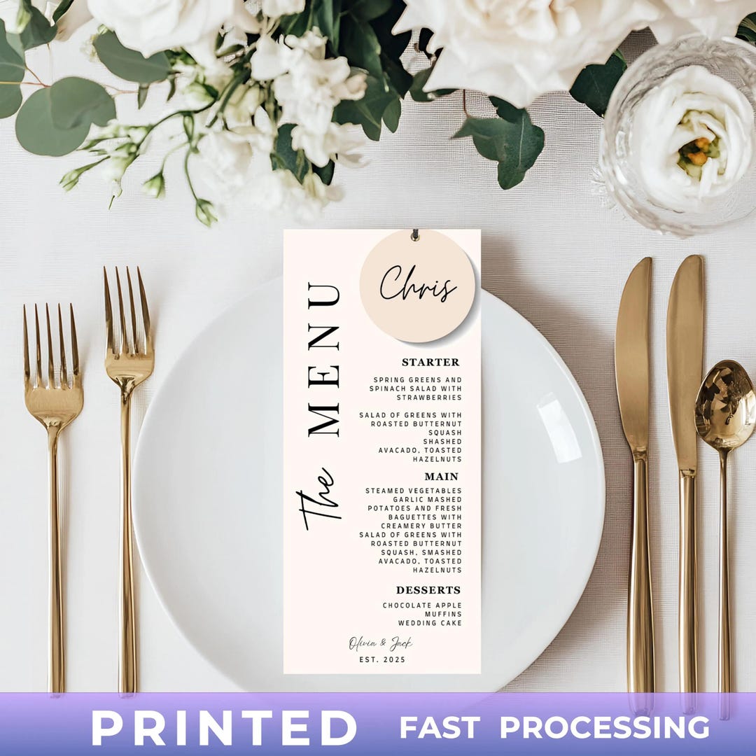 Modern Wedding Menu Place Card With Guest Name, Custom Menu Place Card ...