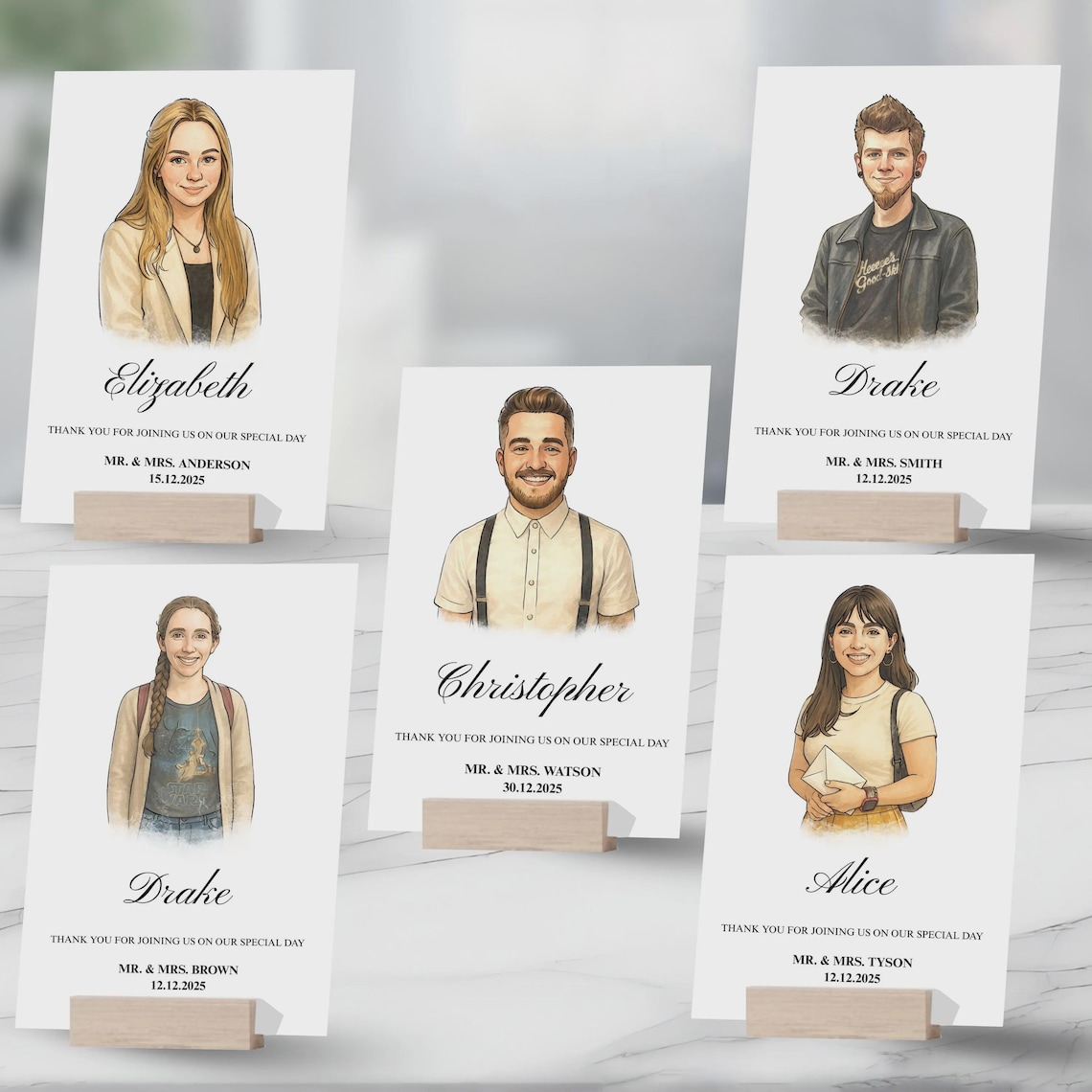 Custom Watercolour Guest Portrait Place Cards, Illustrated Place Cards ...