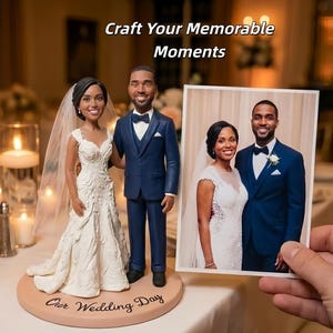 May include: A wedding cake topper featuring a bride and groom figurine in formal attire. The bride wears a white gown, and the groom is in a navy blue suit. The base reads "Our Wedding Day." A photo of the couple is held nearby. Text reads "Craft Your Memorable Moments."