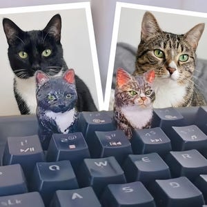 May include: A black and white cat and a tabby cat are pictured behind two cat figurines. The figurines are sitting on a black keyboard. The figurines are painted to resemble the cats behind them.