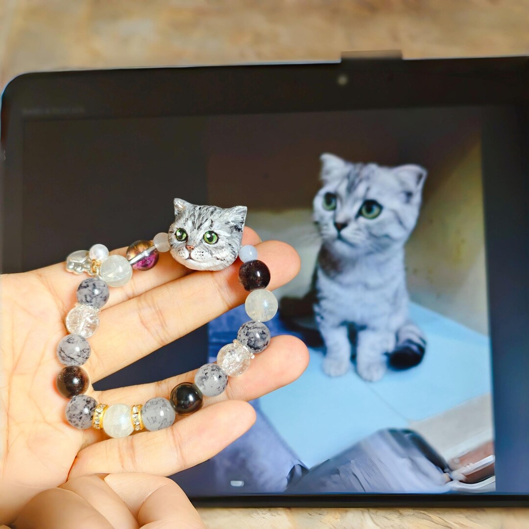 Custom Pet Portrait Bracelet Beaded Handmade Polymer Clay Cat Head ...