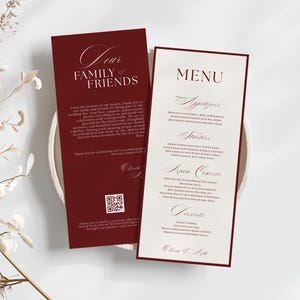 Wedding Menu Burgundy Deep Red Old Money Style Card Template Elegant Menu And Place Card Red Dinner Itinerary Card Instant Printable Classy