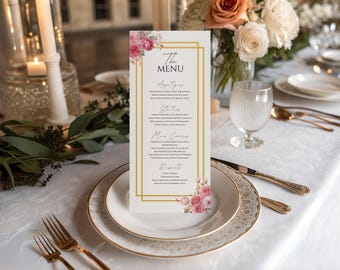 Red Rose Wedding Menu Template, Gold Border (4x9 Editable Download)