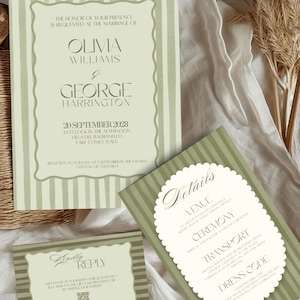 May include: Wedding stationery set in sage green and cream, featuring striped patterns. The main invitation card displays the names Olivia Williams and George Harrington, with event details. Includes a details card and a reply card.