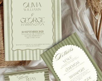 Striped Green Wedding Invitation Template Elegant Olive Coastal Design Editable Canva Invite Summer Modern Spring Design