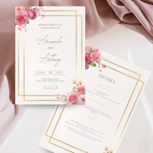 Puede incluir: Elegantes invitaciones de boda con marcos dorados y detalles florales. Las invitaciones presentan los nombres "Amanda" y "Anthony", junto con los detalles del evento. El diseño incluye rosas rosas y escritura decorativa.