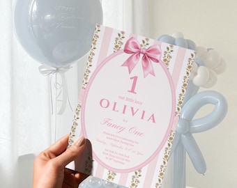 Vintage Pink Floral 1st Birthday Invitation, Elegant Bow (Editable Template)