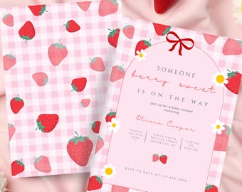 Vorlage für eine Einladung zur Babyparty mit Erdbeermotiv, bearbeitbar, rosa, digitaler Download, personalisierte Einladung für Neugeborene