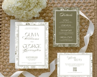 Vintage Floral Wedding Invitation Suite Olive Baroque Set Vintage Invitation RSVP Save the day Editable Template Olive Green Floral