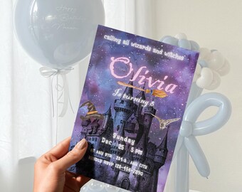 Convite de aniversário com tema de bruxo, magia roxa (download digital)