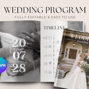 Può includere: Un programma e una rivista di nozze con il testo "WEDDING PROGRAM" e "WEDDING MAGAZINE". Il programma presenta una timeline e la data "20 07 28". La copertina della rivista mostra una coppia e le parole "FOREVER BEGINS HERE".