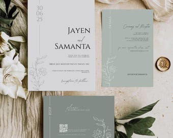 Sage Green Wedding Invitation Set: Botanical Canva Template (Digital Download)