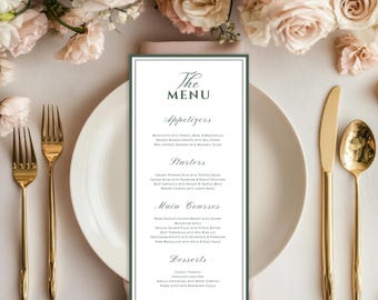 Old Money Deep Green Wedding Menu Card Template Elegant Green Menu And Place Card Vintage Dinner Menu and Thank You Card Printable