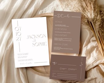 Beige Wedding Invitation Suite Template Wedding Invitation With Rsvp Editable Invitation Set Boho Minimalist Wedding Invitation Template