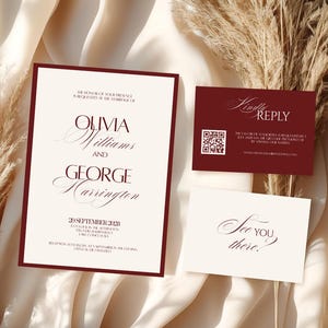 Invitación de boda burdeos, suite elegante, plantilla de dinero antiguo de lujo, elegante conjunto de invitación en rojo y crema, invitación de boda atemporal en color crema