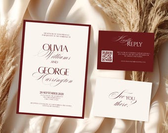 Burgundy Wedding Invitation Classy Suite Luxury Old Money Template Elegant Red and Cream Invitation Set Timeless Wedding Invite Cream