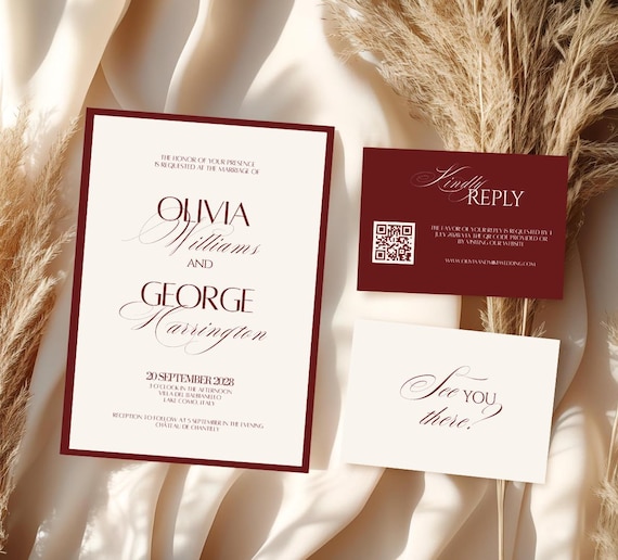 Burgundy Wedding Invitation Classy Suite Luxury Old Money Template Elegant Red and Cream Invitation Set Timeless Wedding Invite Cream