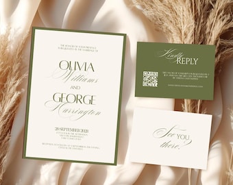Olive Green Wedding Invitation Suite Luxury Old Money Style Classy Canva Wedding Invite Set Editable Digital Printable