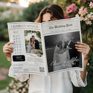 May include: A person holding open a newspaper titled "The Wedding Post" with the headline "The Best Day Ever." The newspaper features wedding photos and text that reads "Olivia & Mike Begin the Journey." The background is a garden setting.