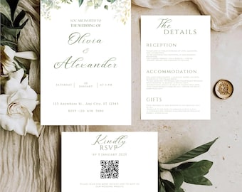 Botanical Greenery Wedding Invitation Set, DIY Canva Template (Digital Download)