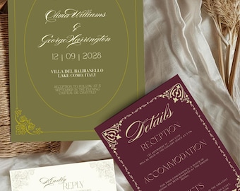 Olive Green and Burgundy Wedding Website with Cream RSVP Template, Vintage Old Money Digital Invitation, Canva Editable