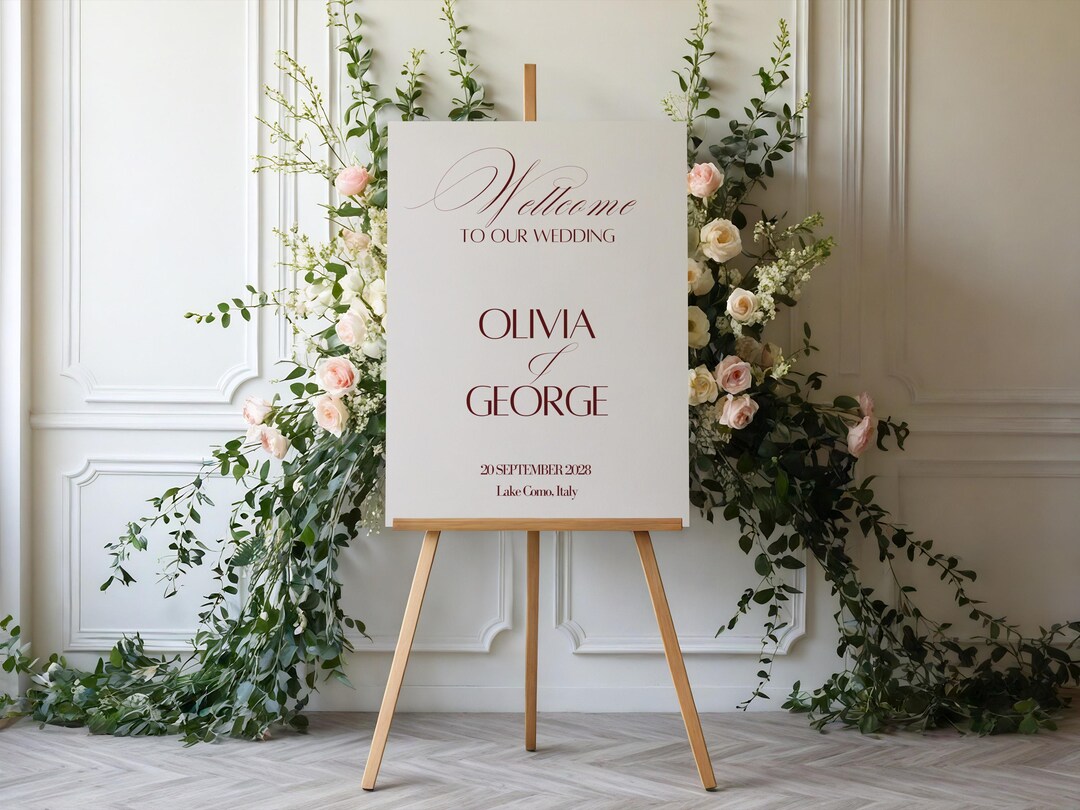 Burgundy Wedding Welcome Sign Old Money Style Elegant Red and Cream ...