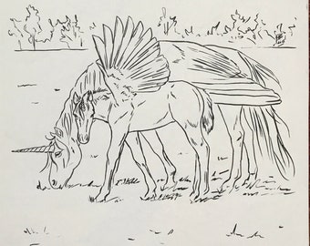 Mother and Baby Unicorn Pegasus - Original Pen & Ink Fantasy Drawing 9.5 x 12