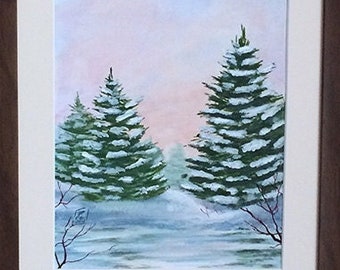 Peaceful Winter Pine Fir Trees Original Watercolor & Acrylic Landscape Painting Art Artwork - Brandy Woods - Three Pines