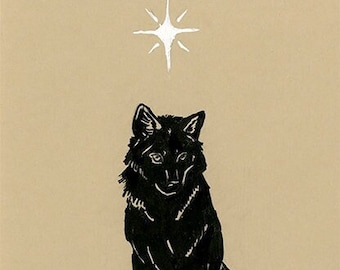 Black Wolf White Star 5x7 pen and ink art print Brandy Woods