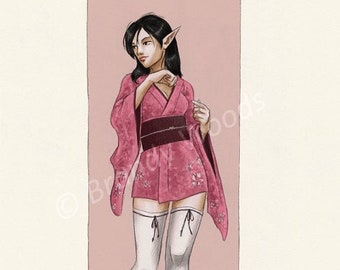 Sexy Elf Girl in Japanese Kimono fantasy fairy goddess 8x10 Art Print Brandy Woods