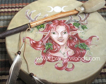 Deer Woman - Elen of the Ways - 13" Handmade Faerie Shaman Deer Drum - Celtic Shamanic Art by Brandy Woods